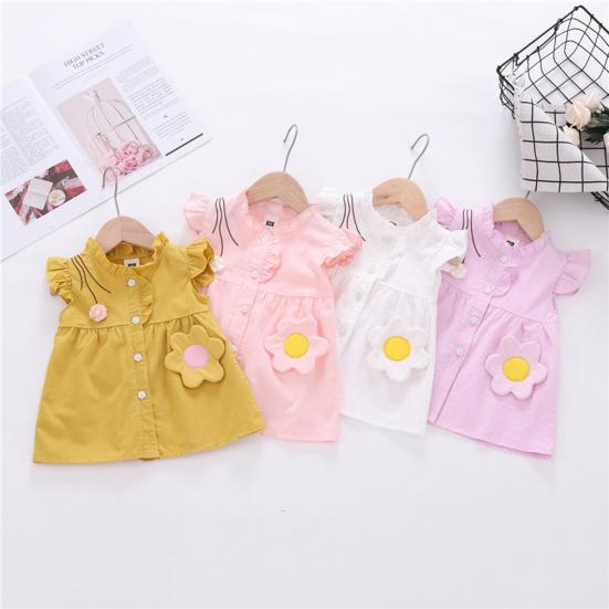 

Летнее однотонное платье для девочек с круглым вырезом и короткими рукавами с рюшами и пуговицами с цветочным декором 9-12M розовый