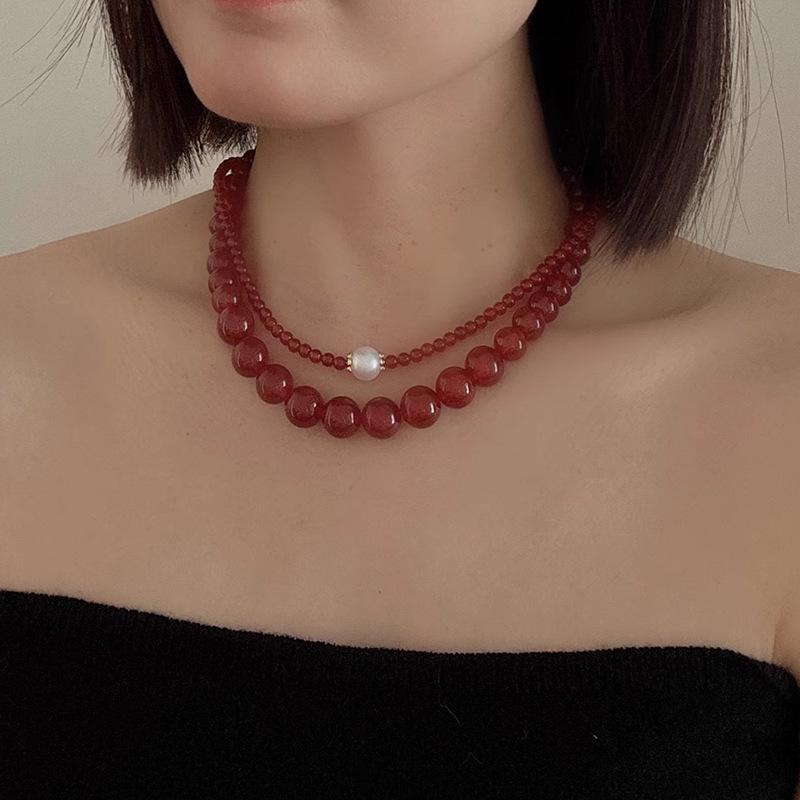 S925 Silver Red Agate & Pearl Tower Necklace - Light Luxury Chinese Style Women's Fashion