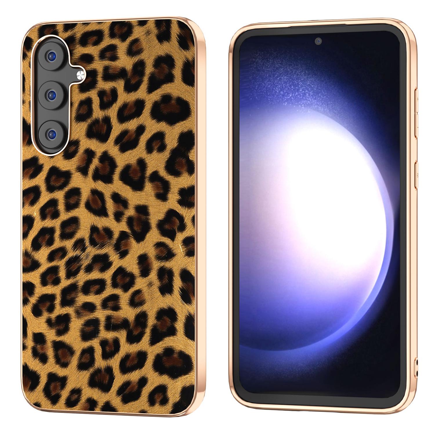 

Nano Electroplating Phone Case for Samsung Galaxy S23 FE,Leopard Pattern Leather+TPU+PC Cover Gold