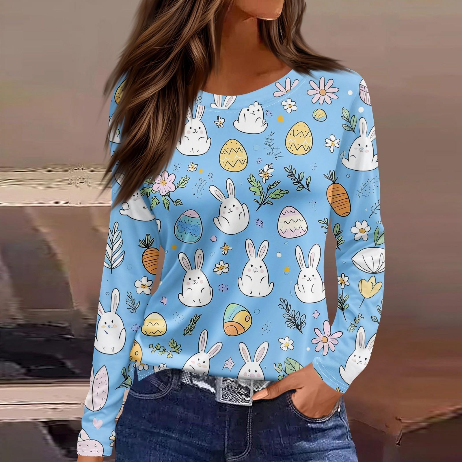 Women s Fashion Casual Slit Hem Round Neck Long Sleeve Loose Printed T-Shirt Ladies Top L синий