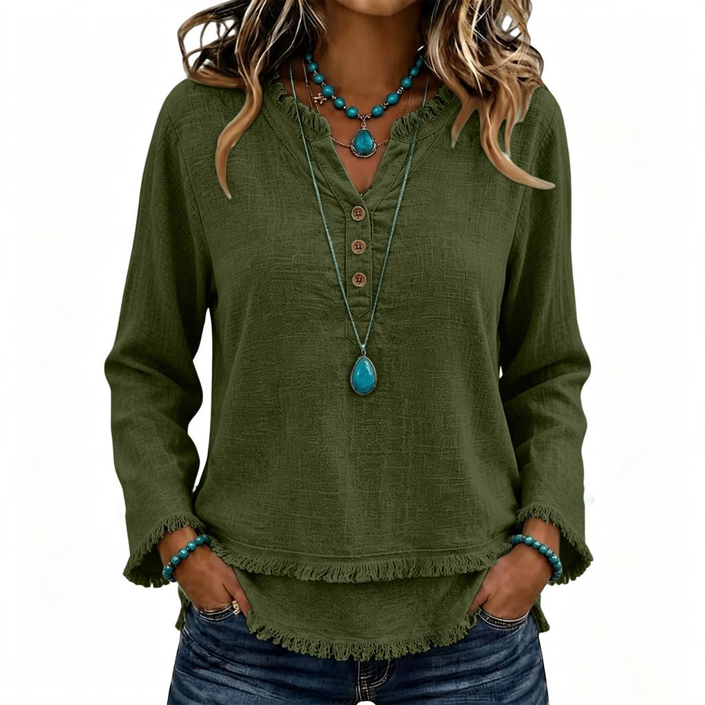 Women's Color Casual V-Neck Long Sleeve Cotton Linen Top