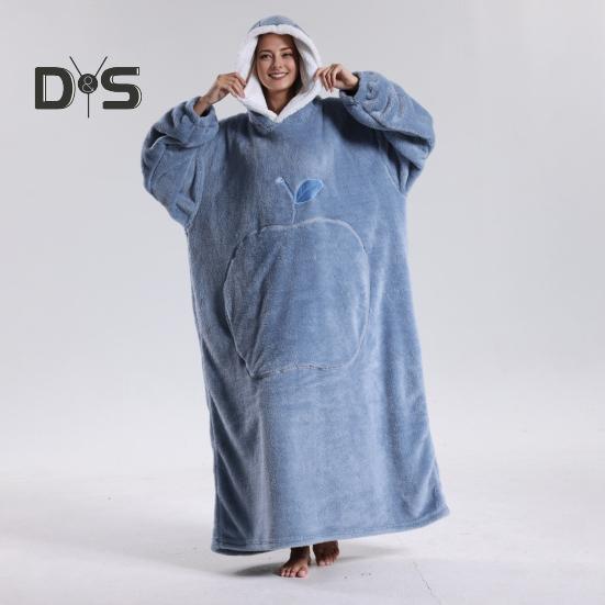 Winter Wearable Blanket Bathrobe with Big Pocket Thick Double-sided Fleece Loose Long Sleeves Pajamas Heat Retention Full Protection Home Lazy Sleeve