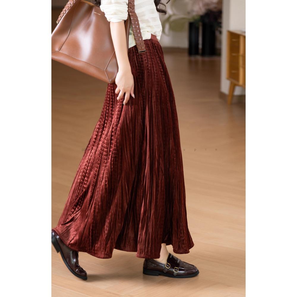 DIMANAF 2025 Autumn New Women Skirts Solid Plaid Loose Elastic Waist Pleated Elegant Long Skirts Red