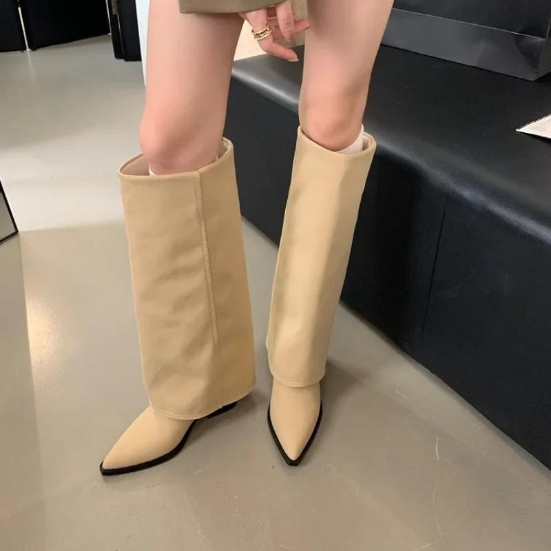 Autumn Fashion Pointed Toe Sewing Designer Knee-High Boots Women Retro Square Low Heels Shoes Comfortable Elegant Platform Boots