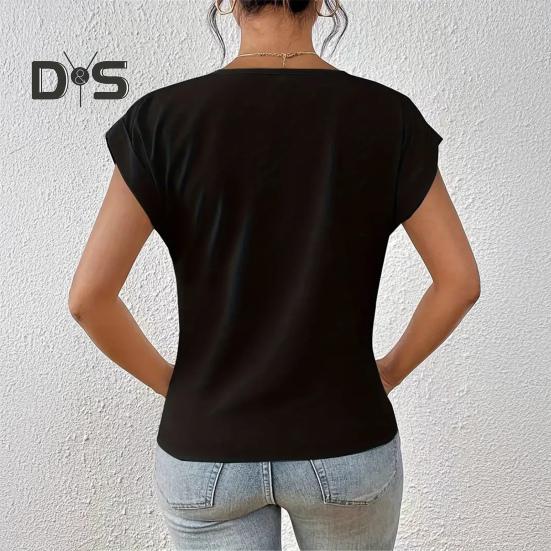 Dámské topy s výstřihem do V, s krátkým rukávem, s mačkaným designem, tričko jednobarevné, volného střihu, s křížovým plisováním, pro každodenní nošení