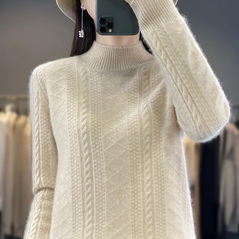 Autumn and winter new thickened jacquard semi-turtleneck long-sleeved women's top knitted sweater loose and thin jacket inside and outside