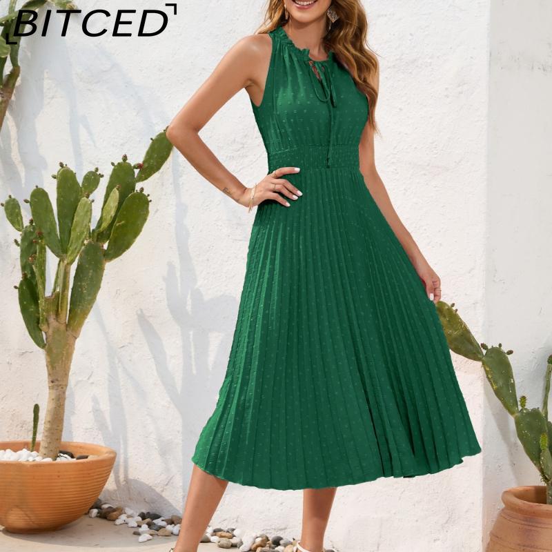 BITCED High-Waisted Pleated Fringe Dress with Tie Detail Sleeveless Summer Dress Casual Vacation Travel Dress