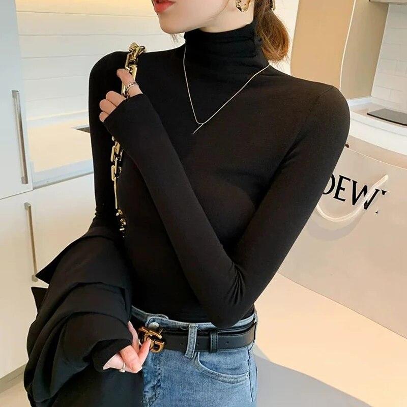 Turtleneck Undershirt Thin Velvet Slim Solid Color Women's Long Sleeved Pullover Simple Casual Korean Fashion Autumn Winter