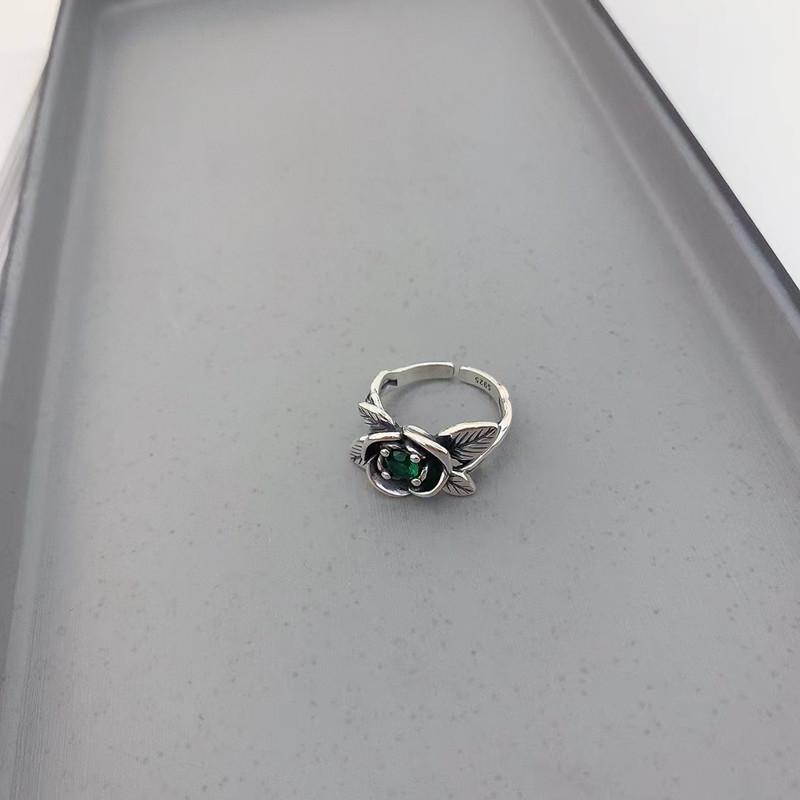 Exquisite Korean Style Vintage Exaggerated Green Zircon Rose Flower Ring For Women