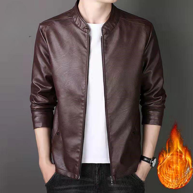 Men's Leather Jacket Autumn and Winter New Trend Versatile Casual Stand Collar Large Size Plus Fleece Leather Jacket for Men