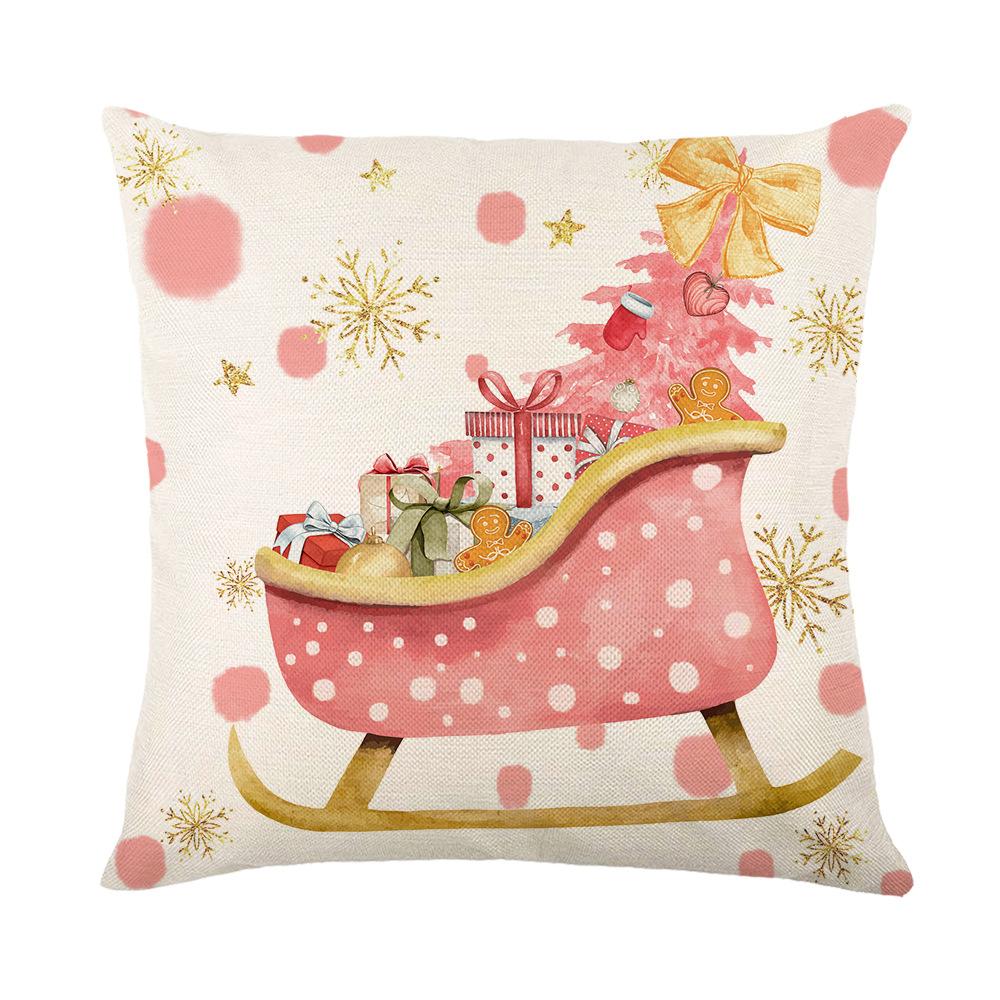 Pink Elk Christmas Cushion Cover Polyester Letter Print Holiday Decoration Living Room Sofa Cushion Cover Cushion Cover