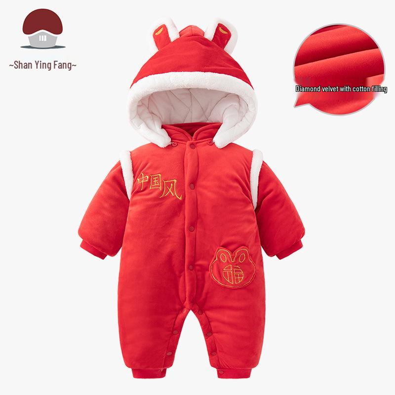 Neuer glücklicher roter Baby-Winteroverall - Dicke Baumwolle festliche Oberbekleidung für das Neue Jahr