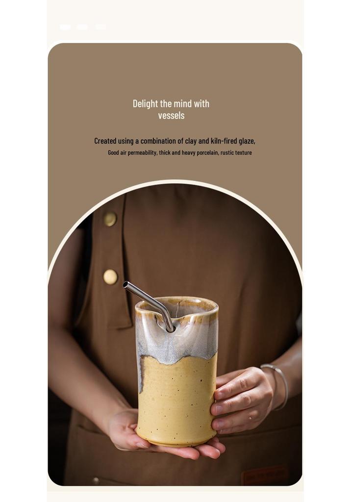 Nordic Creative Retro Ceramic Coffee Cup - Irregular Straight Cylinder Design, Coarse Pottery Finish, Straw Mug Style.