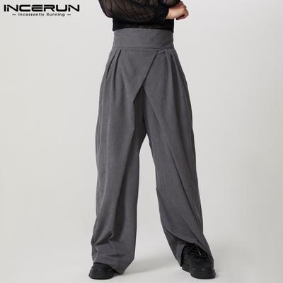 Men Front Cross High Waist Back Zip-up Long Straight Pants Trousers