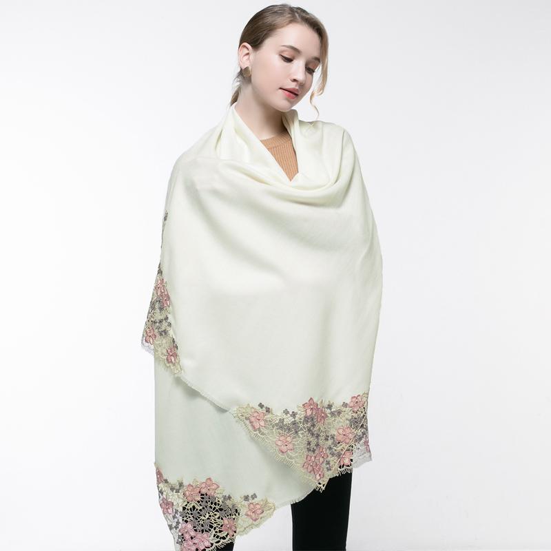 100% Real Wool Pink Scarf Women For Winter Femme Shawls Wraps Warm Wool Pashmina For Ladies Flower Embroidery Cashmere Scarf
