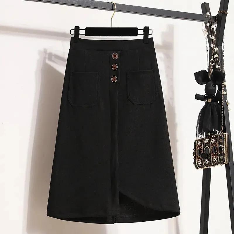 

Женская вельветовая юбка весна и осень с высокой талией длиной ниже колена А-силуэта M чёрный