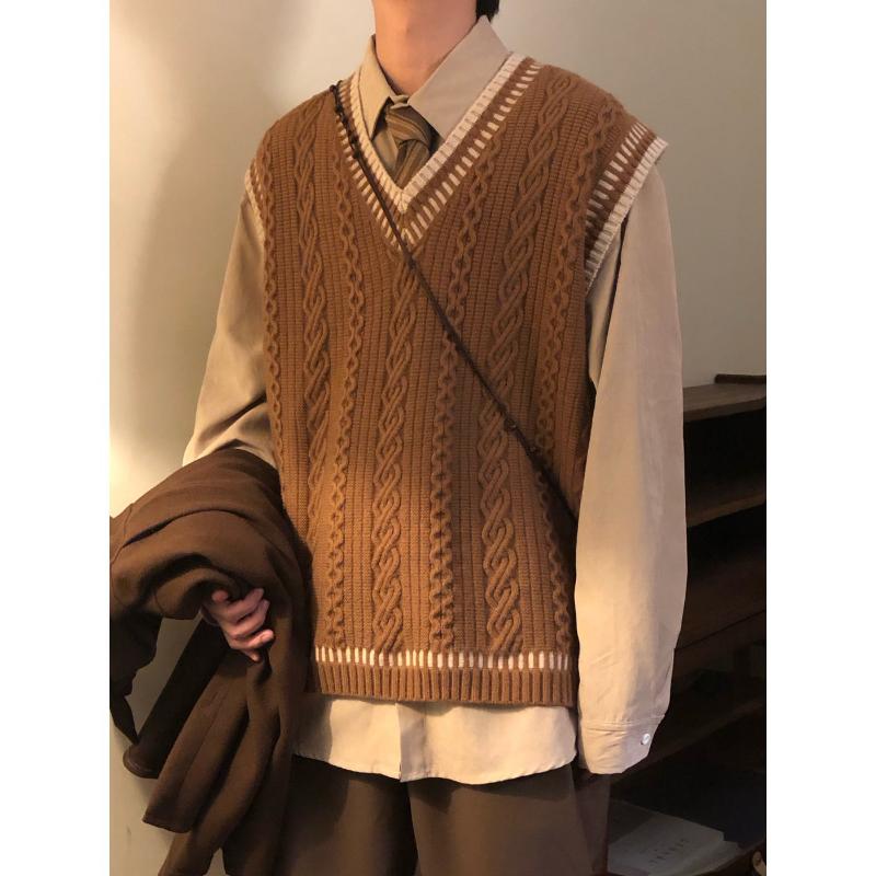 Erkekler İçin Preppy Tarz V Yaka Örgü Yelek Bahar Sonbahar Yeni Tarz Japon Retro Kolsuz Süveter Yelek Kazak Yelek Ceket