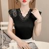 Elegant Lace Splicing V-neck Short-sleeved Top Multi-color Fashionable Daily Essential Commuting Thin Foreign-style Shirt