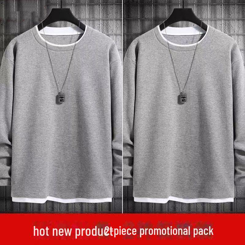 Unisex Fake Two-Piece Waffle Long-Sleeve Sweatshirt - Loose Round Neck, Solid Color, Large Size for Spring & Autumn