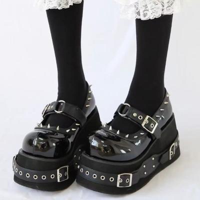 Shoes for Women Heightened Rivet Belt Buckle Punk Loafer Dark High Quality Leather Platform Shoes Womens Mary Jane Shoes Tacones