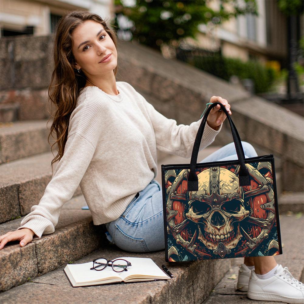 Gothic Skull Printed Tote Bag Casual Portable Daily Use Street Style Shoulder Handbag For Outings