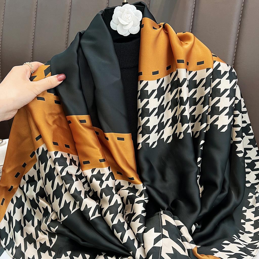 New color matching thousand bird grid long silk scarf women's commuting versatile temperament shawl seaside thin sunscreen beach towel