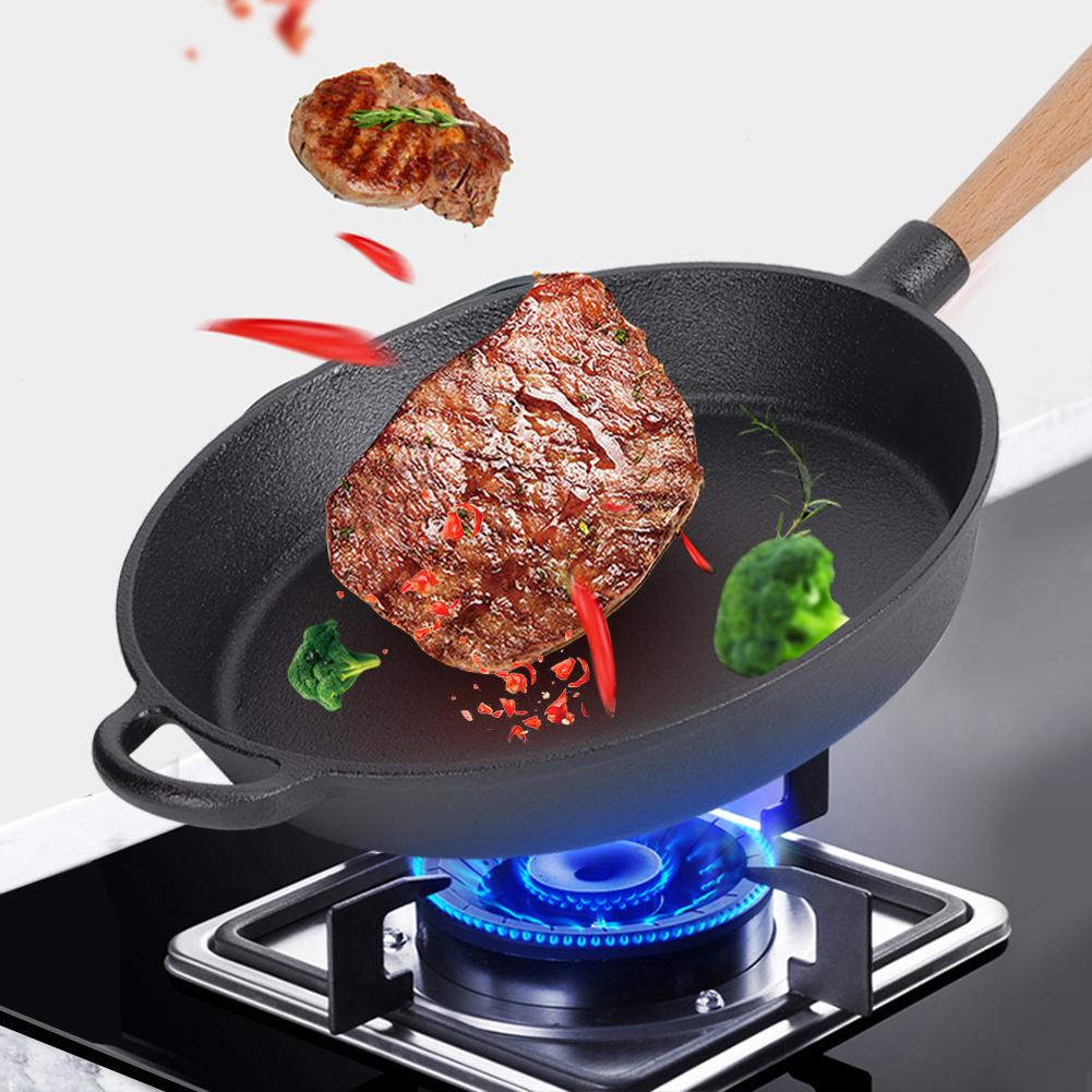 

Household Kitchen Utensils Cast Iron Frying Pan Skillet Cooking Steak Pan with Wooden HandleFrying Pan with Wooden