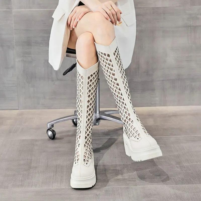Botas de Verano 2026 para Mujer, Transpirables, Caladas, de Malla, Cuero Genuino, Botas de Caballero Altas, Tacones Altos hasta la Rodilla, Muestran Piernas Delgadas, Botas Frescas