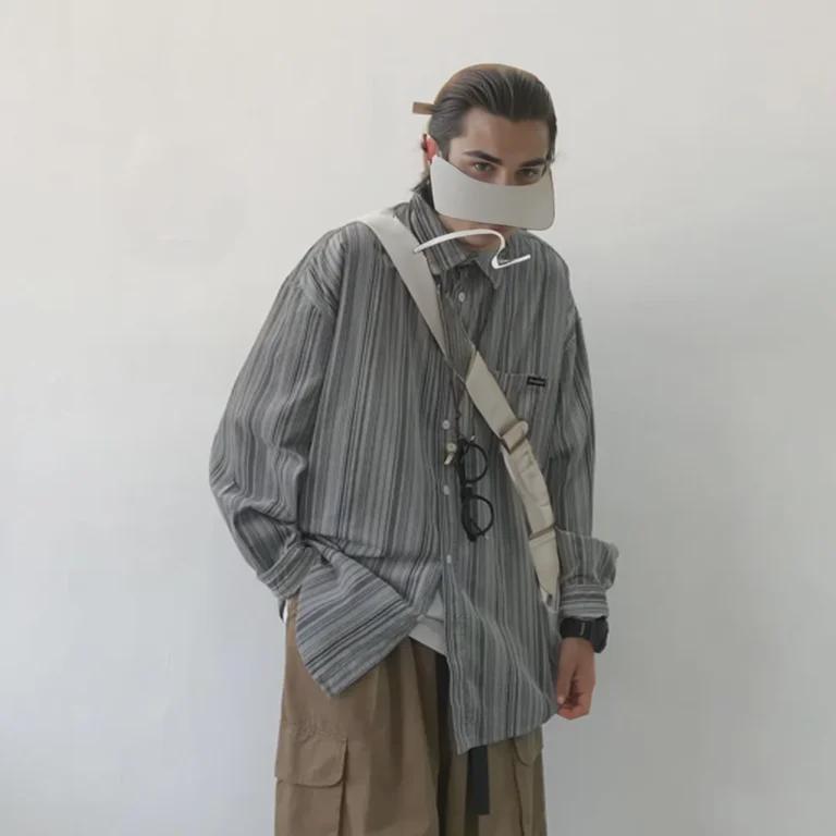 Herr Japansk Retro Randig Långärmad Skjorta - Vår/Höst, Lös Passform, Unisex Trendig Stil.