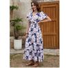 Sweet Summer New European and American Cotton Silk V-neck Big Flower Waist Hugging Slimming Mid-Length Short sleeve Dress Vacation Long dress