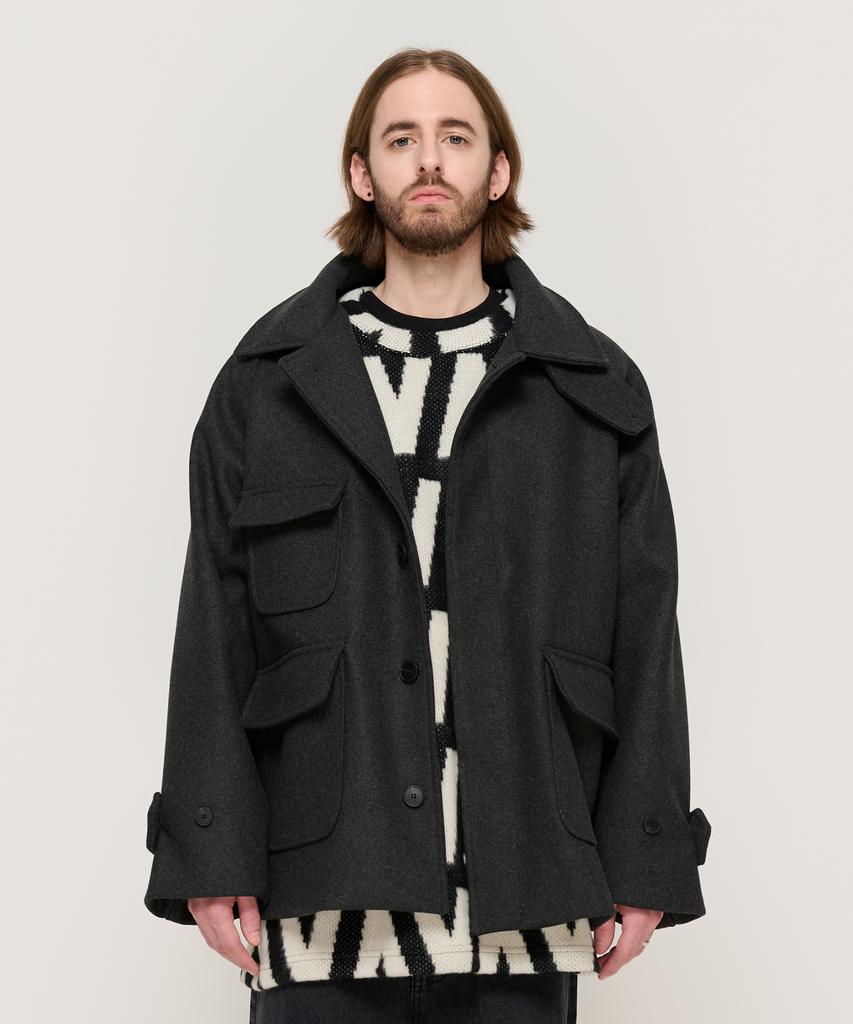 Cargobros Pocket Detail Balmacaan Wool Short Coat (Charcoal)