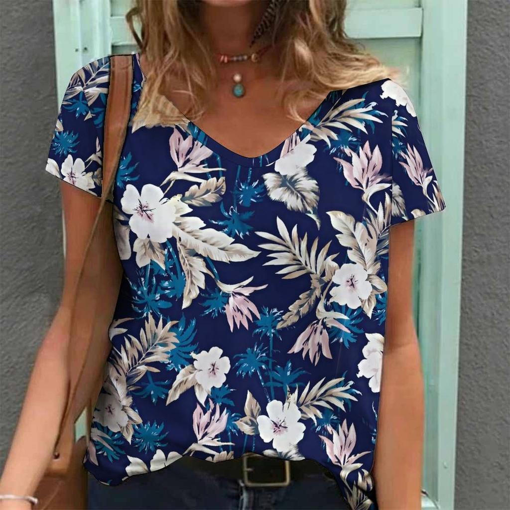 Women Print V Neck Short Sleeve Casual Loose Tunic Tops