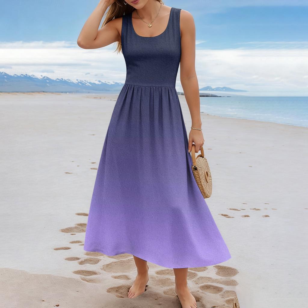 Ladies' gradient printed summer casual and fashionable sleeveless long dress