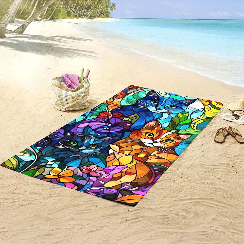 1Pc Pack, Microfiber Stained Glass Style Cat Beach Towel Quick-Dry Microfiber Strong Wrap Design Suitable For Beach And Pool Use