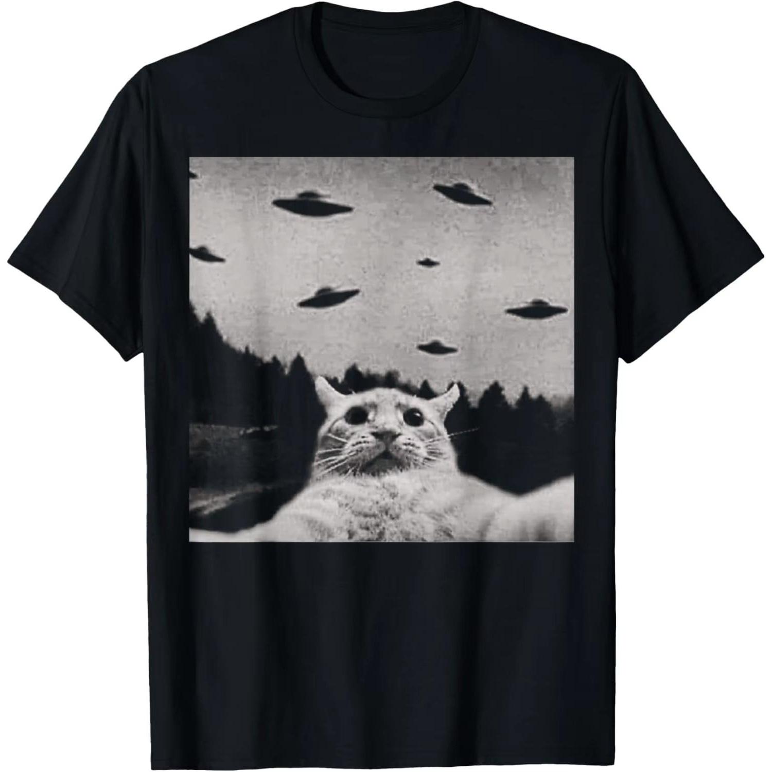 

ThreadWeird Футболка с НЛО и котом-инопланетянином Классическая посадка Круглый вырез Черные взрослые футболки для женщин Харадзюку Люксовые бренды Playeras De 82975 S
