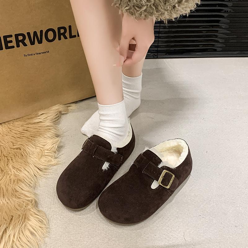 Fashion 2025 New Women Fashionable high-quality versatile Fur Flats Short Women Fashion Buckle Soft Sole Cotton Shoes Sued Warm Shoes
