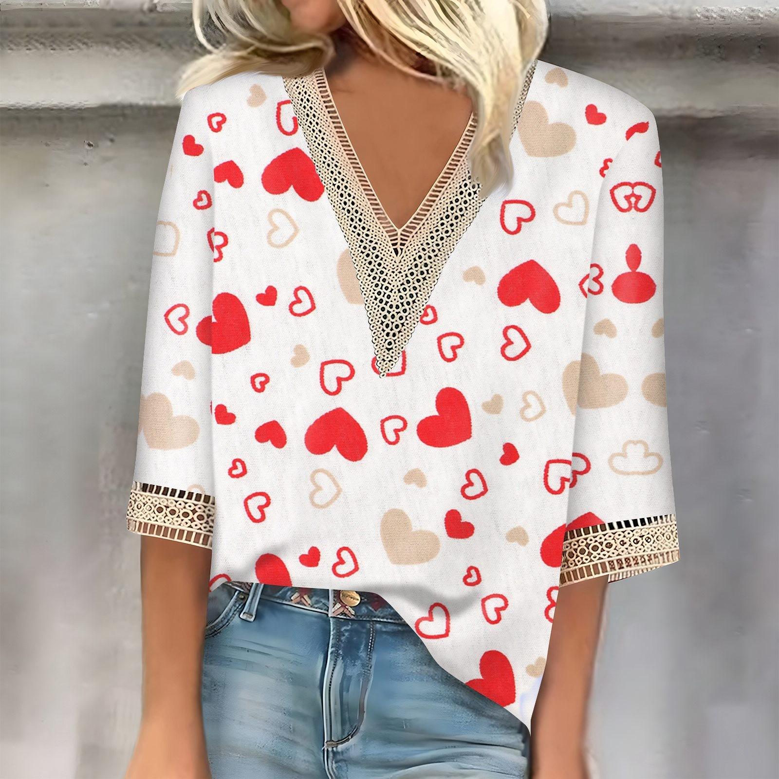 

Женский топ с рукавом три четверти, кружевной, с принтом ко Дню святого Валентина, модный, базовый, с V-образным вырезом, обычный топ L винный