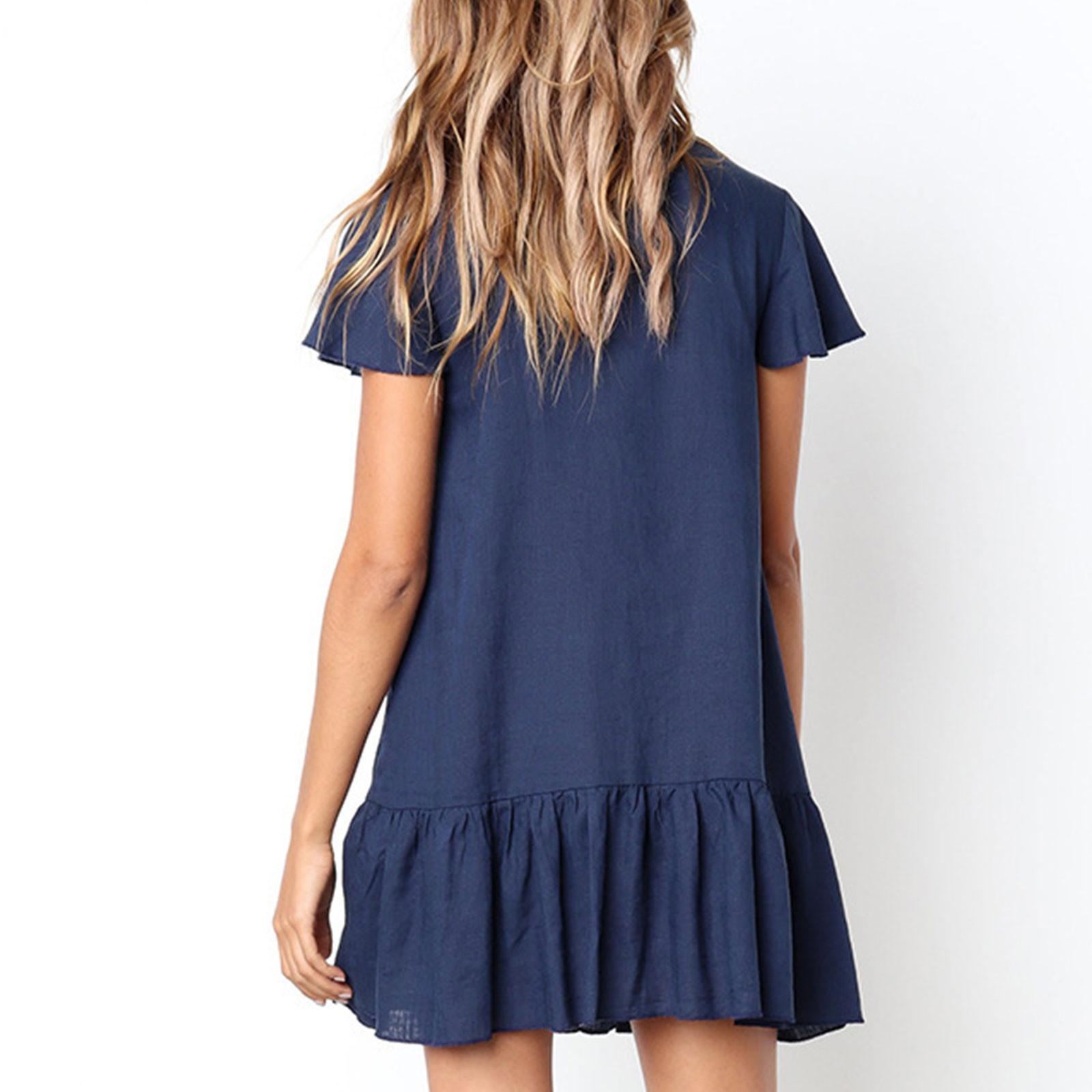 Women s V-Neck Flare Sleeve Dress Button Sundress  Casual  Dress L