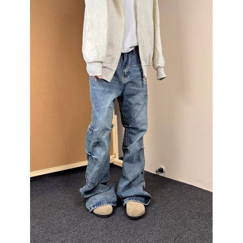JYL Men s Flare Jeans American Pleated Vibe High-Street Vintage Denim S бездна
