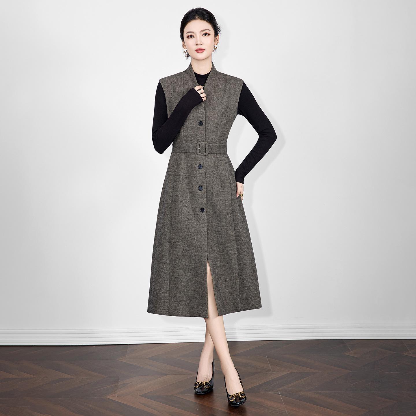 

Nanyou High-Quality Women s Sleeveless Wool Twill French V-neck Dress for Autumn/Winter Large серый/коричневый