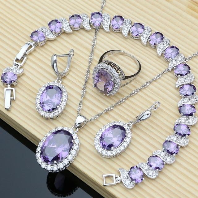 Purple Gem Amethyst 925 Silver Jewelry Sets Earrings Rings Accessories Women Wdding Monkey Necklace Set