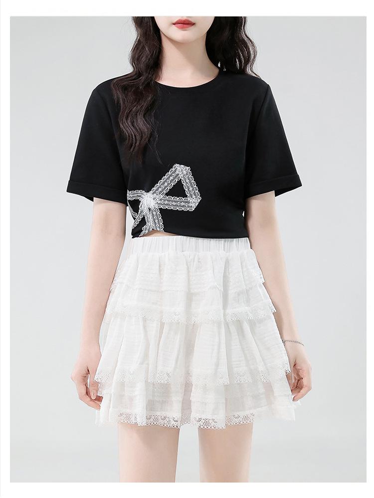 Women's Irregular Split Short-Sleeve Tee, Summer 2025, Loose Fit for Petite, Bowknot Design