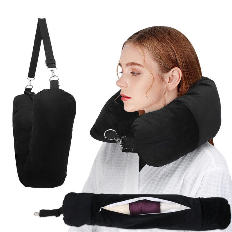 Travel Neck Pillow with Fillable Clothing U-Shaped Pillowcase Extra Storage Bag Velvet Neck Pillow Cover for Airplane Travel Take A Nap