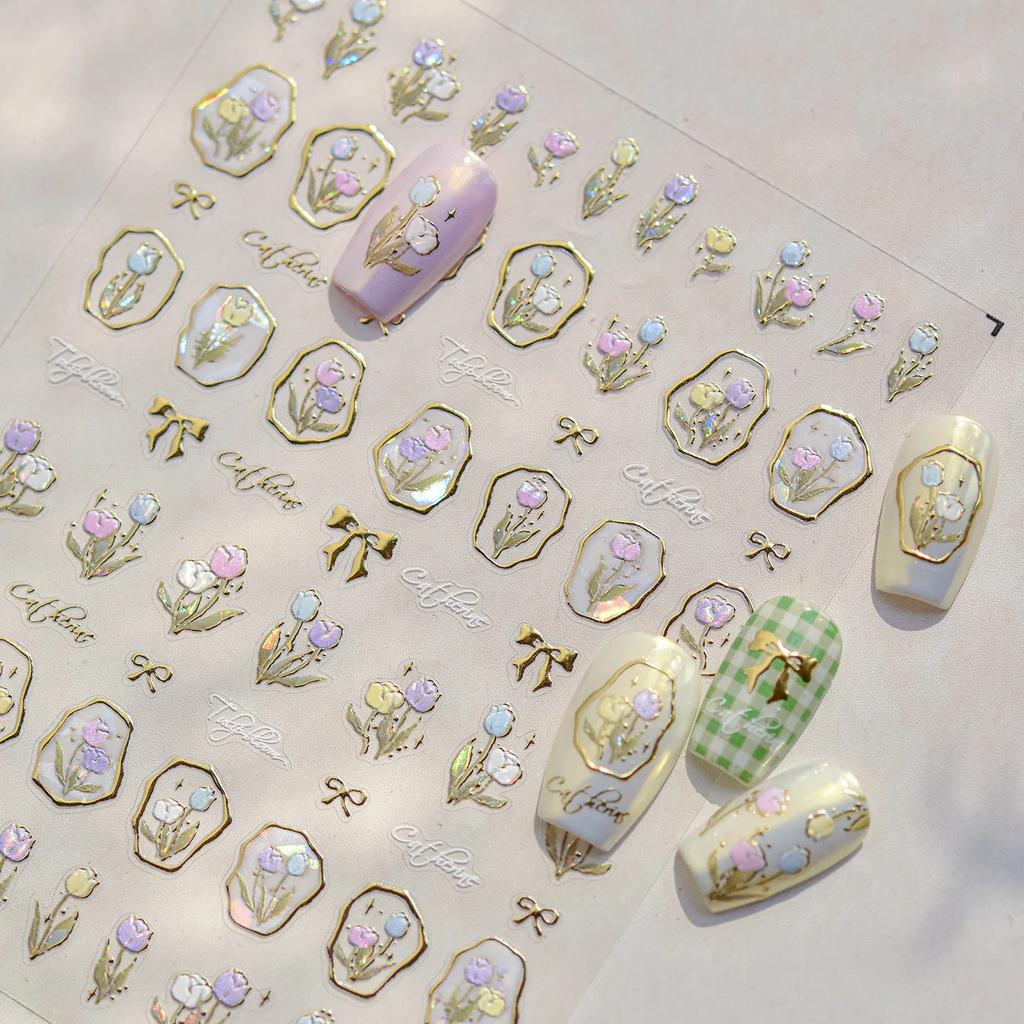 White Flower Gold Leaf Floral Petal Tulip Bloom Charming Retro Metal Soft Self Adhesive 5D Nail Art Sticker Manicure Decal DIY