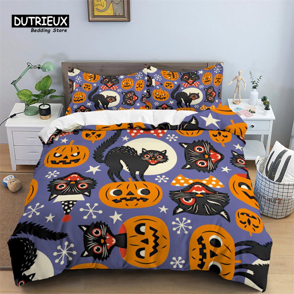 Skull Bedding Set Halloween Bats Duvet Cover King Size Microfiber Pumpkin Skeleton Print Comforter Cover With Pillowcases Decor