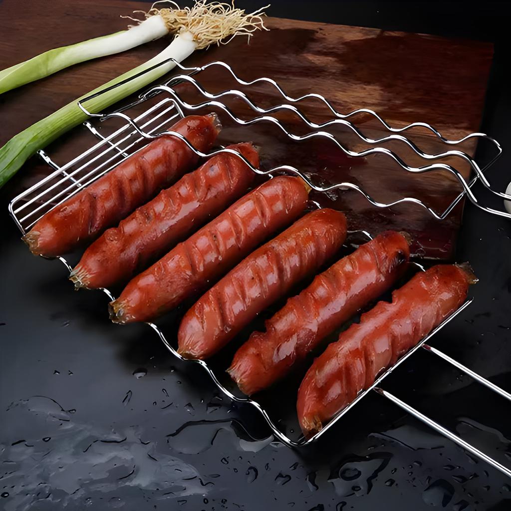 Stainless steel BBQ grill mesh, hot dog sausage grill clip, detachable folding ham sausage grill, outdoor barbecue rack