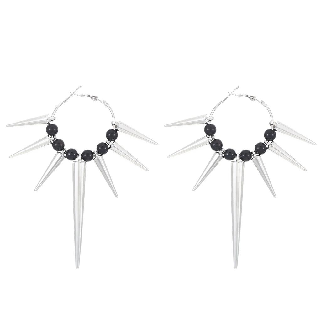 Silver Tone Spike & Black Bead Hoop Earrings, Gothic Punk Rock Rivet Drop Earrings for Women