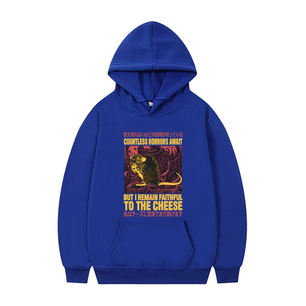Countless Horrors Await But I Remain Faithful To The Cheese Hoodie Funny Japanese Rat Print Tracksuit Men Hoodies