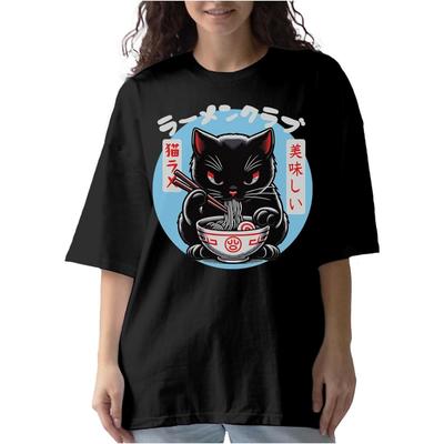 Kawaii Katze isst Ramen Nudeln Anime Shirt für Männer Frauen Japanischer Manga Unisex Oversized Shirts