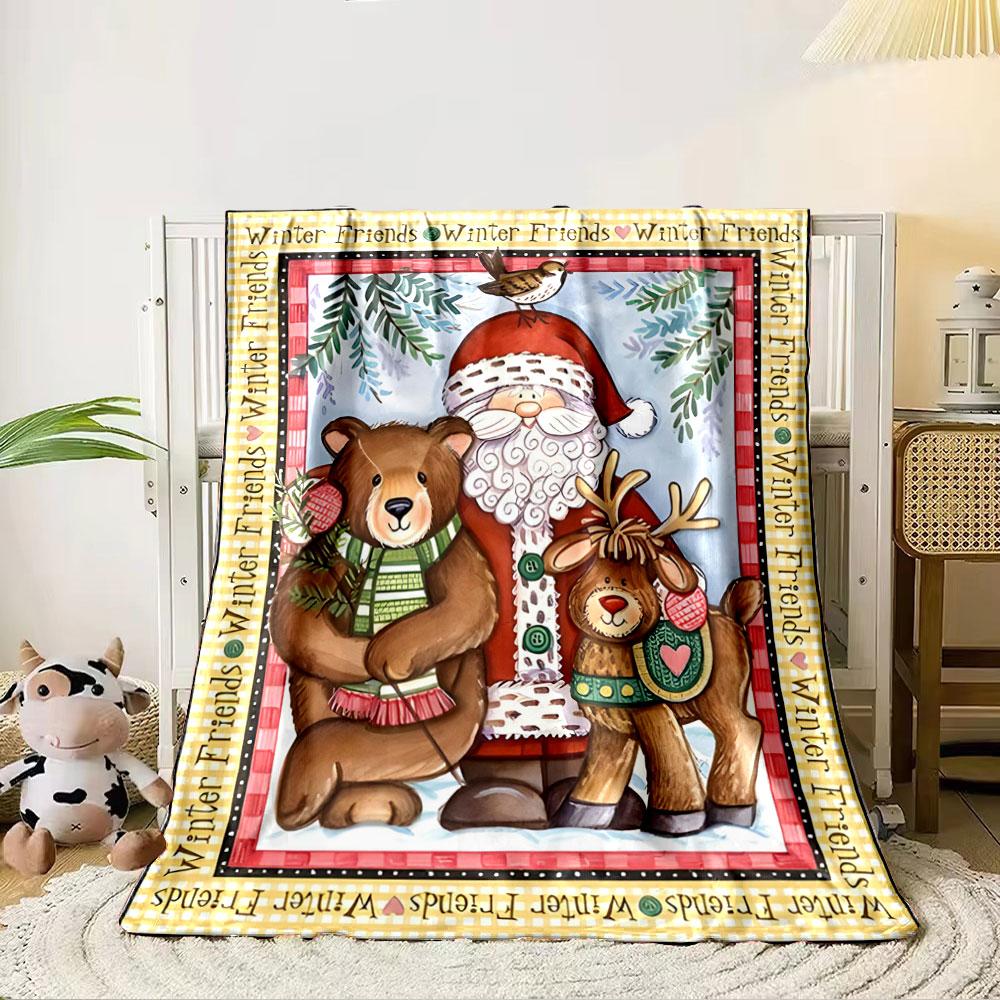 Santa, bear, and reindeer decorated in winter attire with festive accents. for all seasons blanket lunch break throw gift 80cm x 120cm